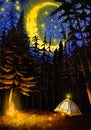 Watercolor Night Camping Illustration,Moon, Stars, Tree, Fire, Drawing. Hand Drawn Painting.