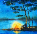 Watercolor night landscape. Bonfire by the river