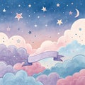 Watercolor Night Sky with Clouds, Stars and Banner, Dream , Magic Royalty Free Stock Photo