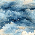 Watercolor night sky. Seamless pattern with gold foil constellations, stars and clouds on dark blue background. Royalty Free Stock Photo