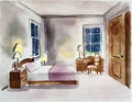 Watercolor of Nighttime bedroom with wall and door to anotbedroom with