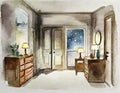 Watercolor of Nighttime bedroom with wall and door to anotbedroom with