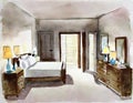 Watercolor of Nighttime bedroom with wall and door to anotbedroom with