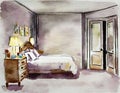 Watercolor of Nighttime bedroom with wall and door to anotbedroom with