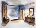 Watercolor of Nighttime bedroom with wall and door to anotbedroom with