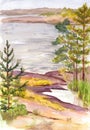 Watercolor nord landscape with lake and rocky shore