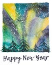 Watercolor northern lights illustration with artistic brushy happy new year lettering below like in momentary photo Royalty Free Stock Photo