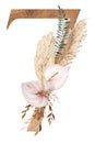 Watercolor number 7 decorarated with dried leaves and tropical flowers, Bohemian illustration