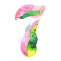 Watercolor number 7, floral style, peony stylization, isolated character seven on white