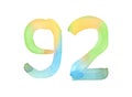 Watercolor number 92, hand-drawn by brush. Multicolor vintage symbol. Template for greetings, design, postcards, decoration