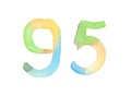 Watercolor number 95, hand-drawn by brush. Multicolor vintage symbol. Template for greetings, design, postcards, decoration