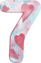 Watercolor number seven with pink and blue colors and hearts