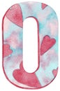 Watercolor number zero with pink and blue colors and hearts