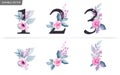 Watercolor numbers with flowers and leaves decoration. Romantic purple floral set for wedding invitations and card composition.