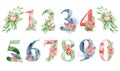 Watercolor numbers with flowers and leves. Romantic set for wedding invitations and cards