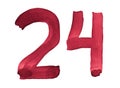 Watercolor numbers 24, hand-drawn by brush. Burgundy vintage symbol. Template for design