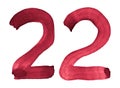 Watercolor numbers 22, hand-drawn by brush. Burgundy vintage symbol. Template for design