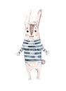 Watercolor nursery illustration with blue nautical animal rabbit bunny. Nautical poster. Fashion illustration.