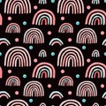 Watercolor nursery pink raindow seamless pattern. Hand painted rainbows on darck black background. Baby shower girl Royalty Free Stock Photo