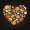 Watercolor nut collection. different types of nuts in the shape of heart