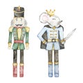 Watercolor Nutcracker Christmas soldier and mouse king toys