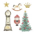 Watercolor Nutcracker Christmas tree, horse, clock and toys