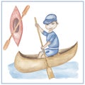 Watercolor Oarsman clipart, hand drawn illustration. Oarsman clip art, kids school card clip art, educational, cute children Royalty Free Stock Photo