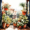 Watercolor oasis A balcony garden blooms in pots