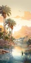 Watercolor Oasis Painting: Palm Trees By The River In The Desert