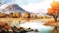 Watercolor Oasis With Trees, Lake, And Mountains In November