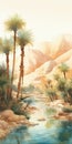 Watercolor Oasis: Vibrant Depiction Of Desert Wilderness