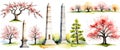 Watercolor obelisks and blossoming trees: nature and architecture harmony Royalty Free Stock Photo