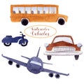 Watercolor objects elements street urban vehicle traffic transport. School bus, bike, retro car, plane, motorbike cartoon