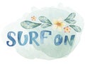 Watercolor ocean surf beach, adventure, surfers , fun holiday activity, tropical travel illustration. Island summer