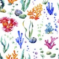 Watercolor Oceanic seamless pattern with marine plants, corals, stones, sea anemones and seaweed.