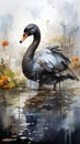 Watercolor Oil Painting of An Evocative Depicts Black Swan Water Bird Background