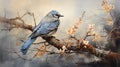 Watercolor Oil Painting of An Evocative Depicts a Solitary Bird Perched on a Withered branch Against Background