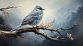 Watercolor Oil Painting of An Evocative Depicts a Solitary Bird Perched on a Withered branch Against Background