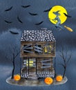 Watercolor old abandoned haunted house with boarded and glowing windows, bare trees, pumpkins, full moon, witch, bats on Royalty Free Stock Photo