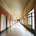 Watercolor of an old empty shopping mall corridor building with style decorations Royalty Free Stock Photo