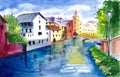 Watercolor old European town of Brugge with a canal