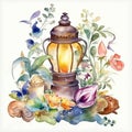 Watercolor old fashioned oil lamp and flowers Royalty Free Stock Photo