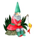 Watercolor old fishing senior gnome in green hat