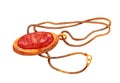 Watercolor Old Jewelry. Hand Drawn Necklace With Gold Chain And Bright Red Garnet Precious Stone. Vintage Accessory With