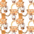 Watercolor old lamps, chain and rusty texture seamless pattern. Hand painted kerosene lanterns with chain links isolated Royalty Free Stock Photo
