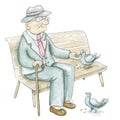 Watercolor old man sits on a bench and feeds pigeons