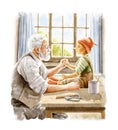 Watercolor old man  sits at table and creates a wooden boy doll Pinocchio Royalty Free Stock Photo