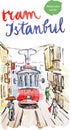 Watercolor old red tram in Istanbul Royalty Free Stock Photo