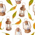 Watercolor old rusty lamps and autumn leaves seamless pattern. Hand drawn kerosene lanterns and dry yellow leaves Royalty Free Stock Photo