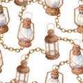 Watercolor old rusty lamps and chain seamless pattern. Hand drawn vintage kerosene lanterns with chain links isolated on white Royalty Free Stock Photo